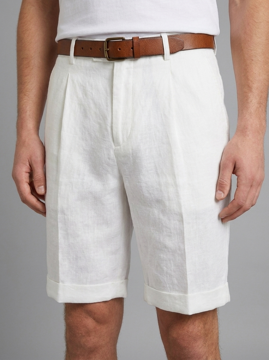 Bermuda en lin homme blanc - détail plissé et revers