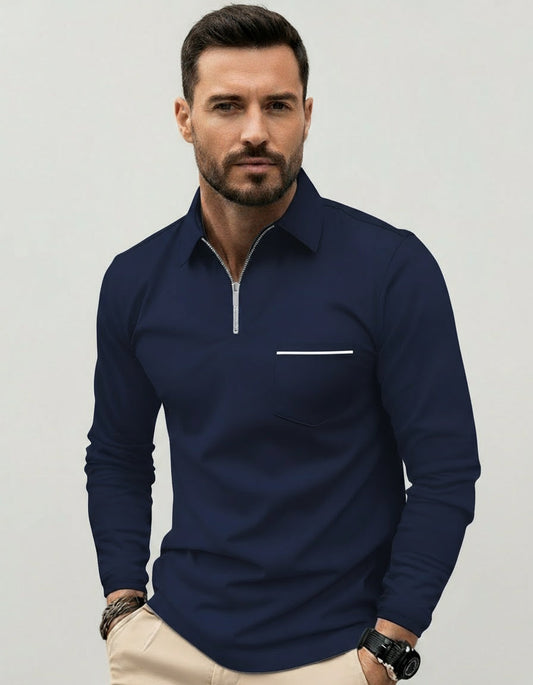 Heren poloshirt met lange mouwen | borstzak