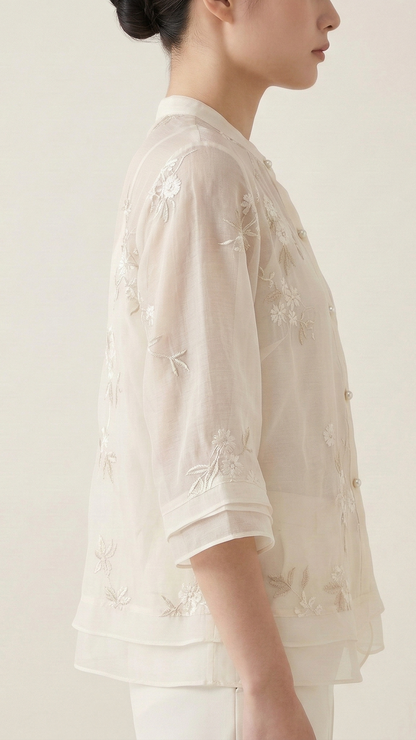 Top femme broderie florale manches longues
