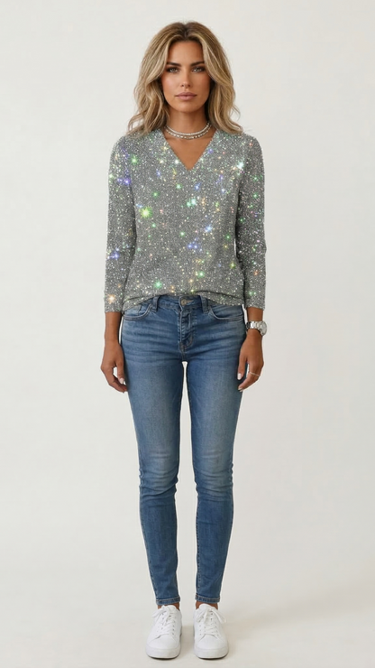 Pull pailleté femme col V
