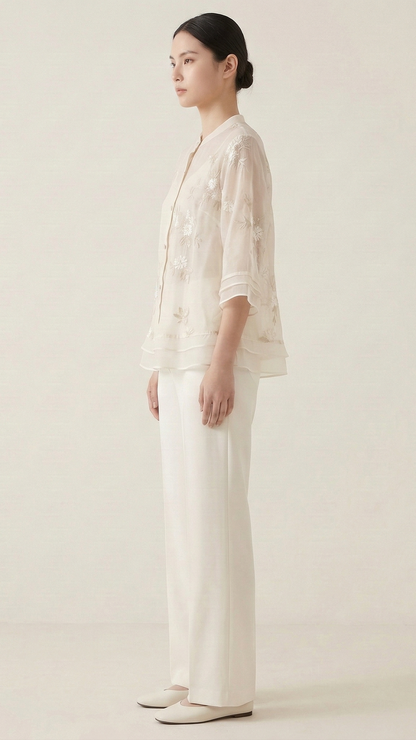 Top femme broderie florale manches longues