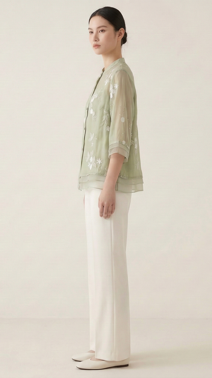 Top femme broderie florale manches longues