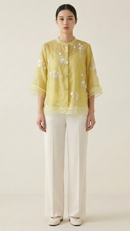 Top femme broderie florale manches longues