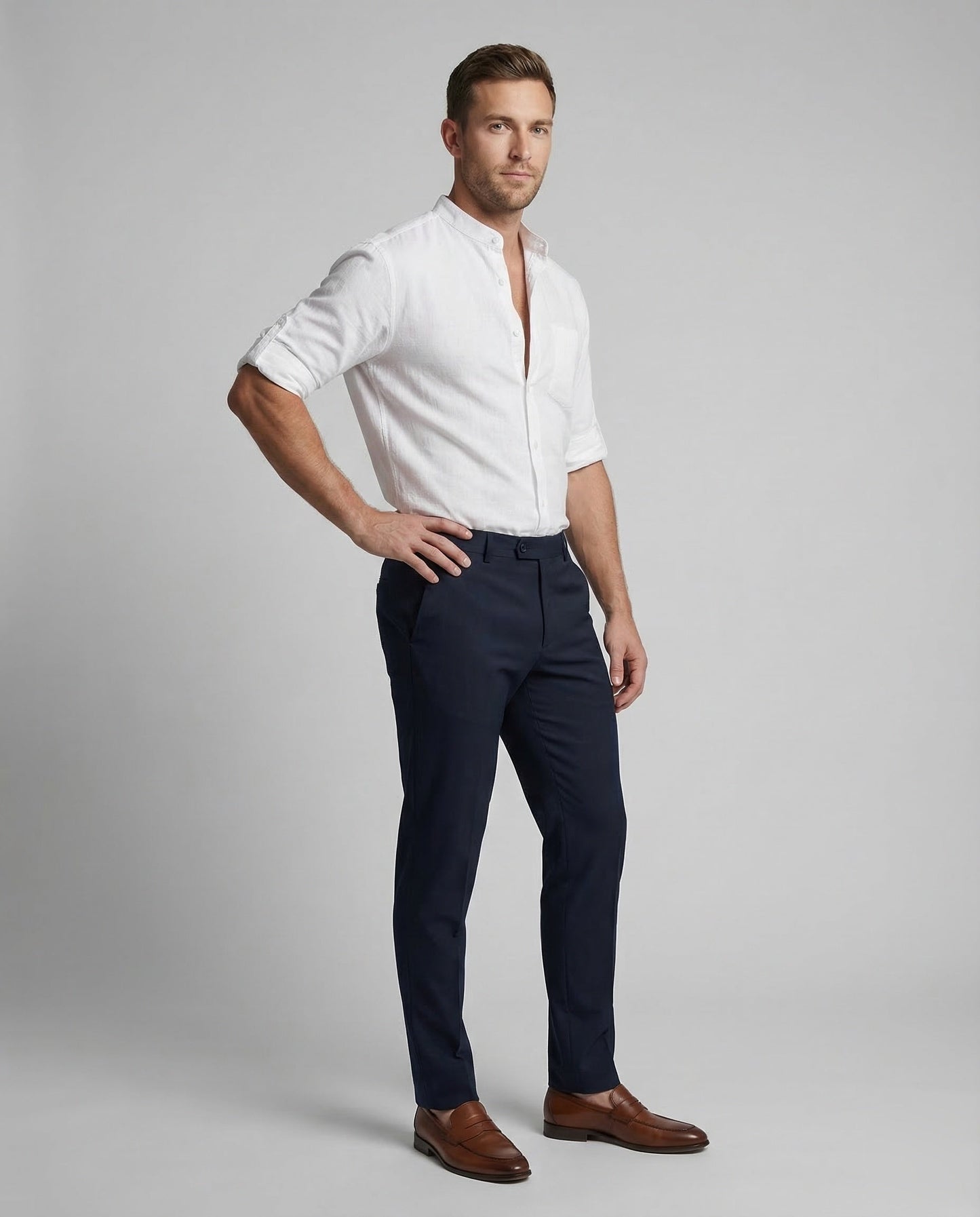 Chemise homme col mao manches relevables