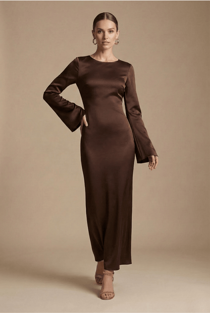 Robe Longue Femme à Col Rond | Manches Longues Fluide