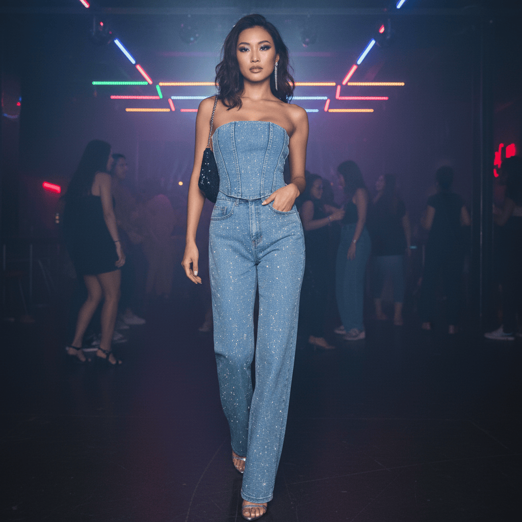 Ensemble Deux Pièces Femme Pailleté | Top Bustier & Pantalon Taille Haute