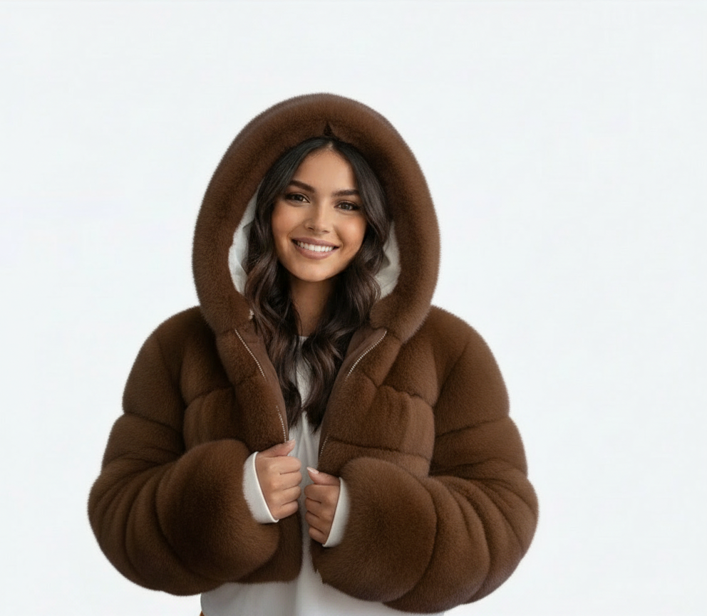 Dames korte faux fur jas met capuchon