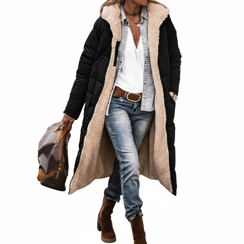 Dames lange winterjas met capuchon | omkeerbaar