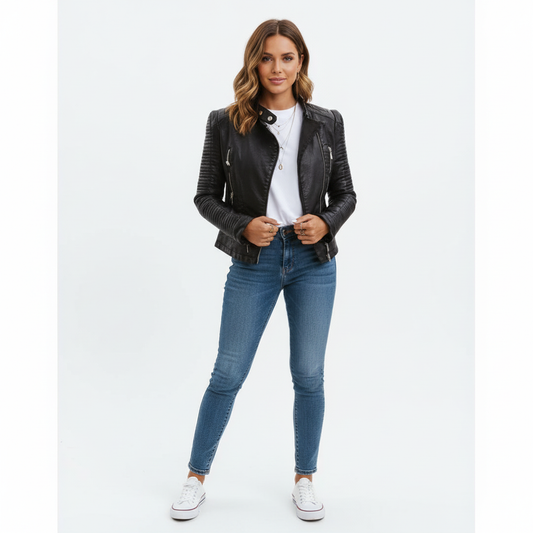 Dames zwarte faux leren bikerjas