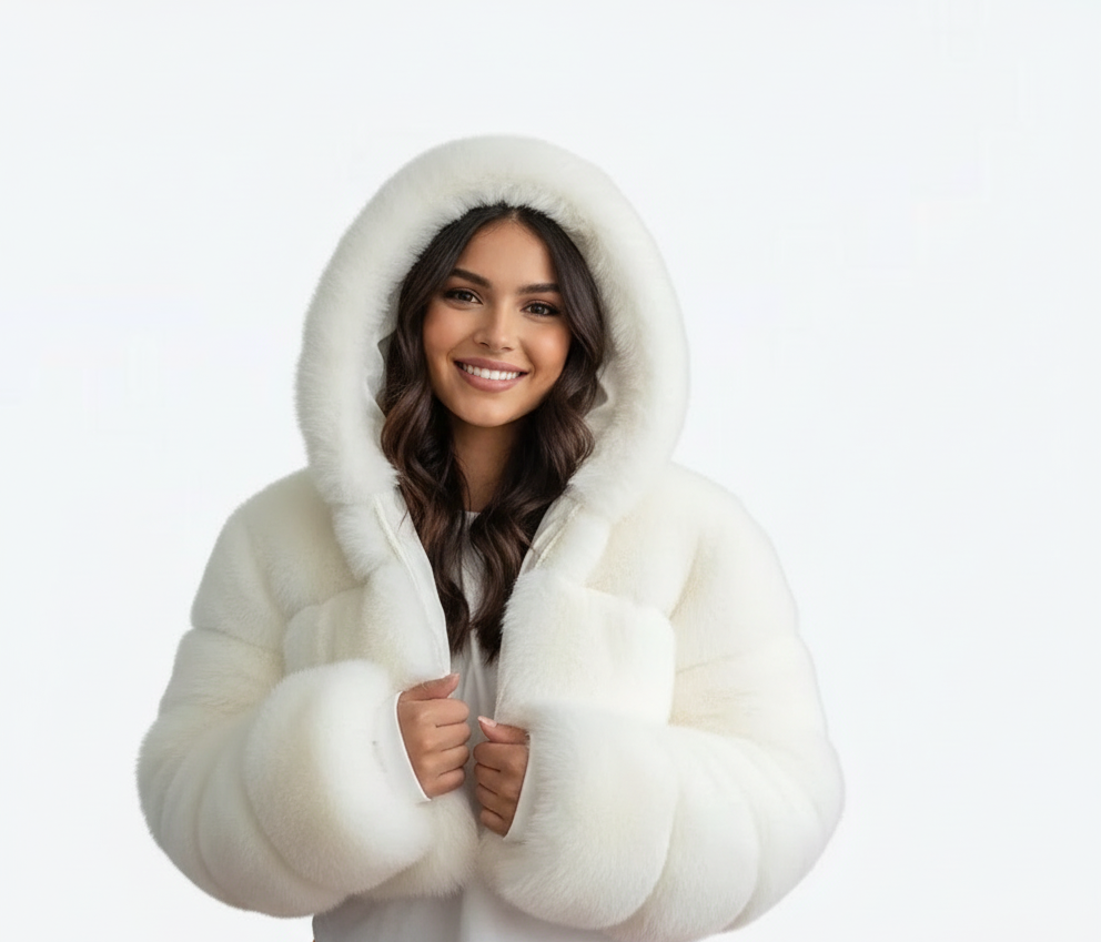 Dames korte faux fur jas met capuchon