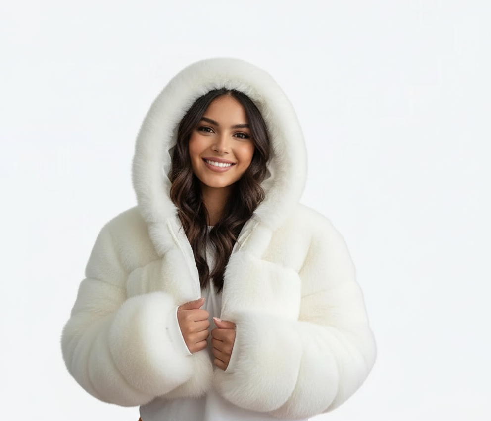 Dames korte faux fur jas met capuchon