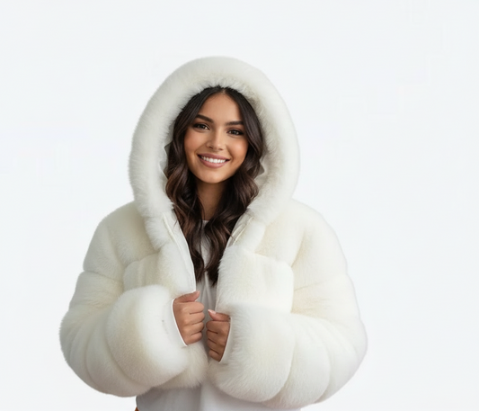 Dames korte faux fur jas met capuchon