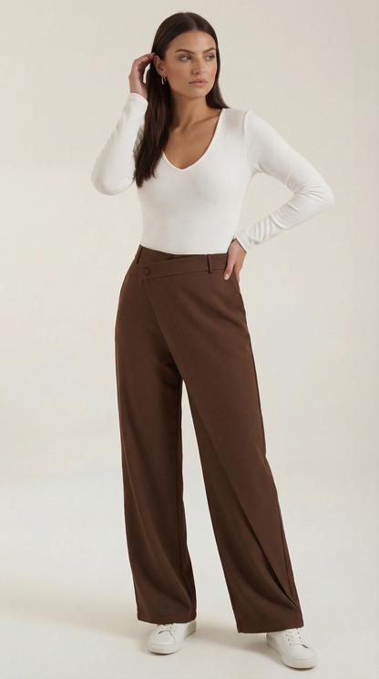 Pantalon large femme portefeuille asymétrique