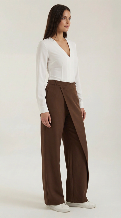 Pantalon large femme portefeuille asymétrique