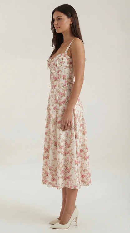 Robe midi femme fleurie lacée col cœur
