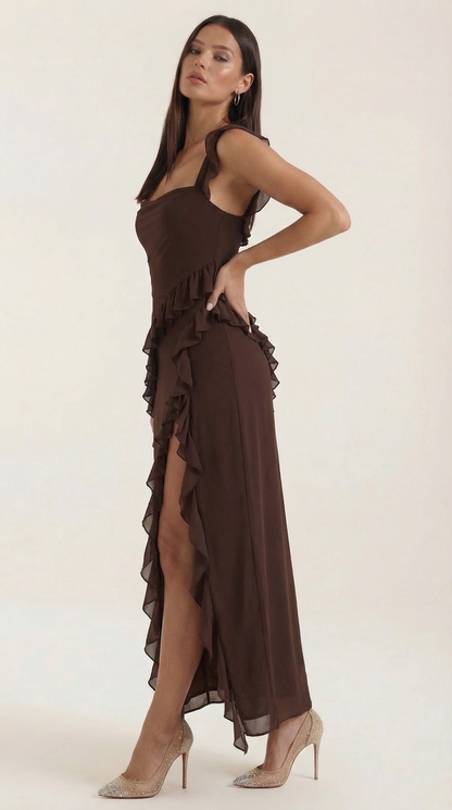 Robe maxi femme à volants col V