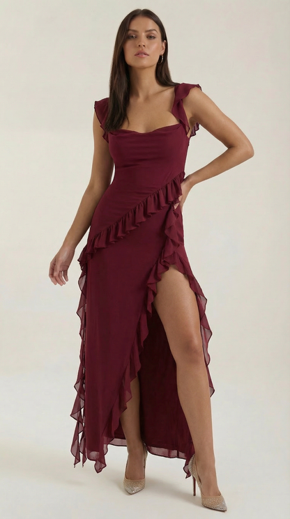 Robe maxi femme à volants col V