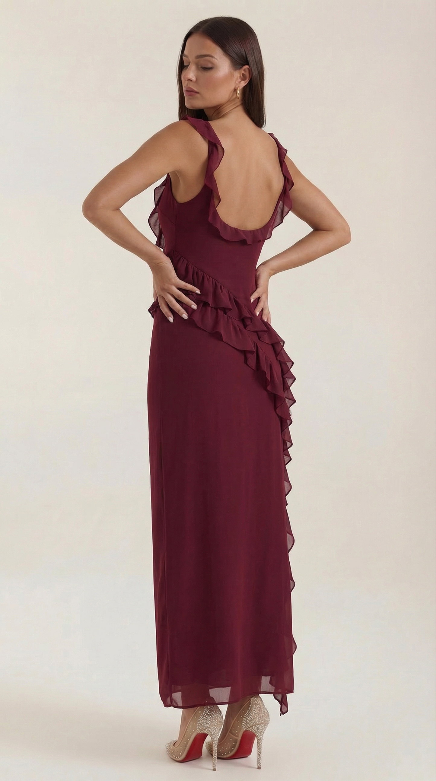 Robe maxi femme à volants col V