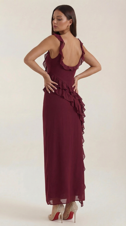 Robe maxi femme à volants col V