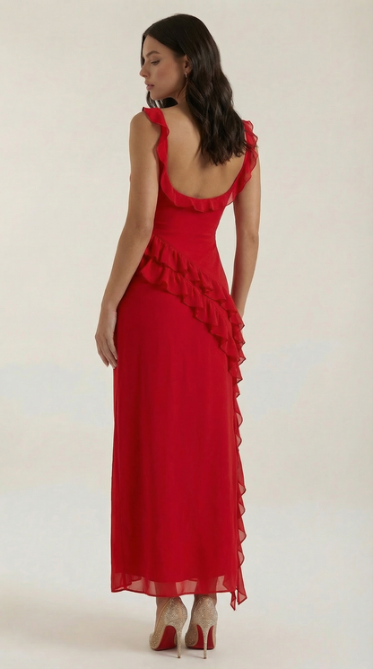 Robe maxi femme à volants col V