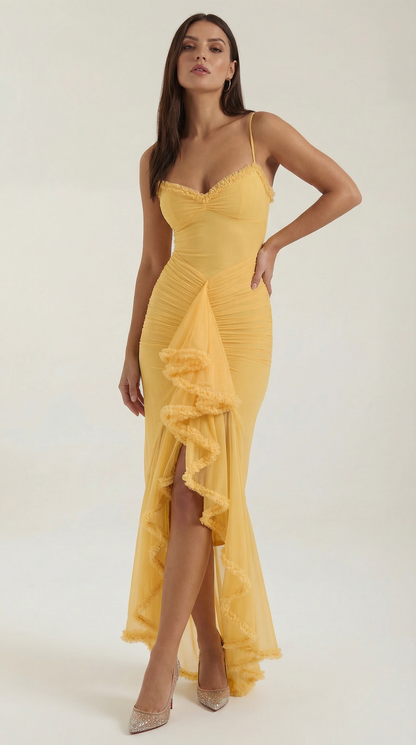 Robe maxi femme froncée col cœur